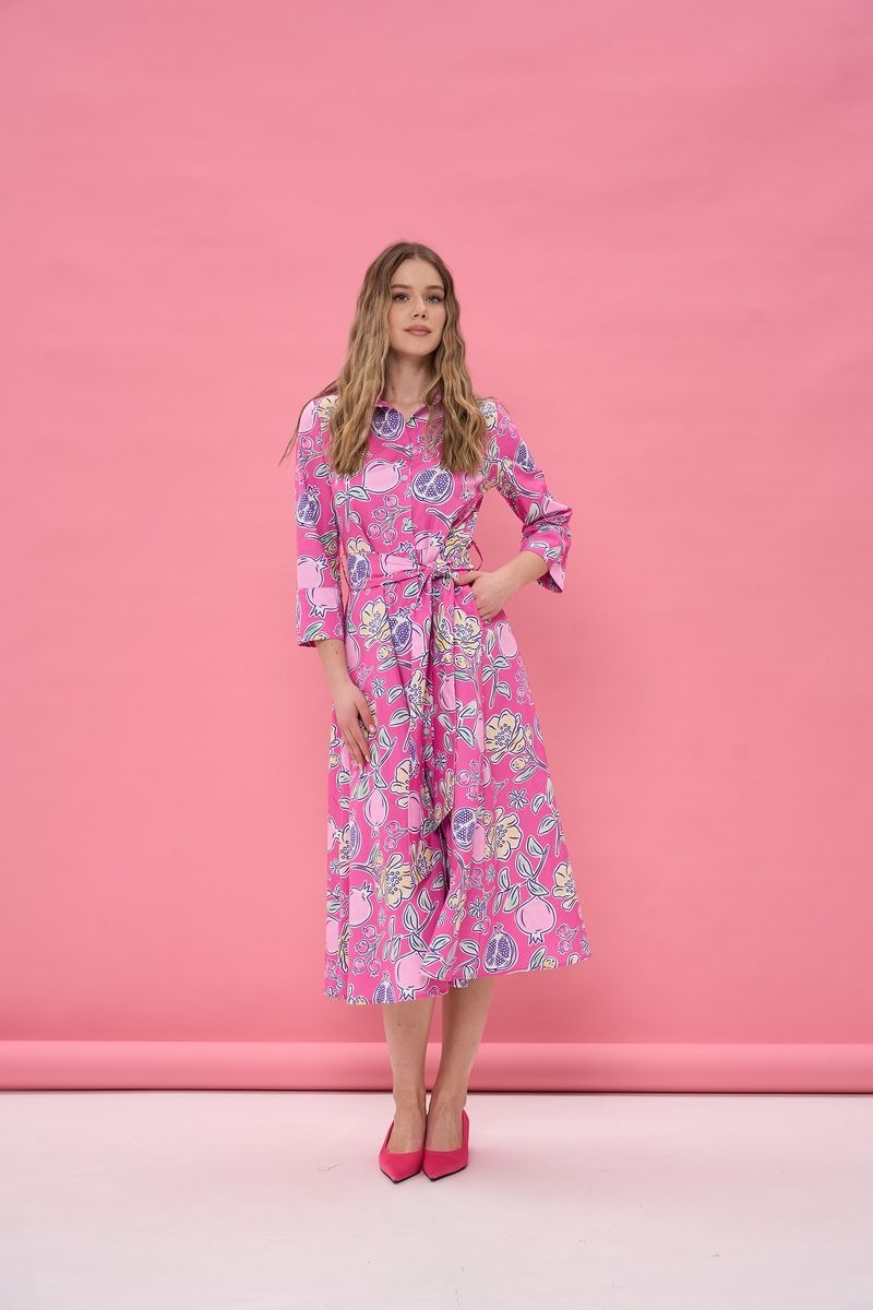 Women's pink cotton midi dress with a 'Pomegranates' print