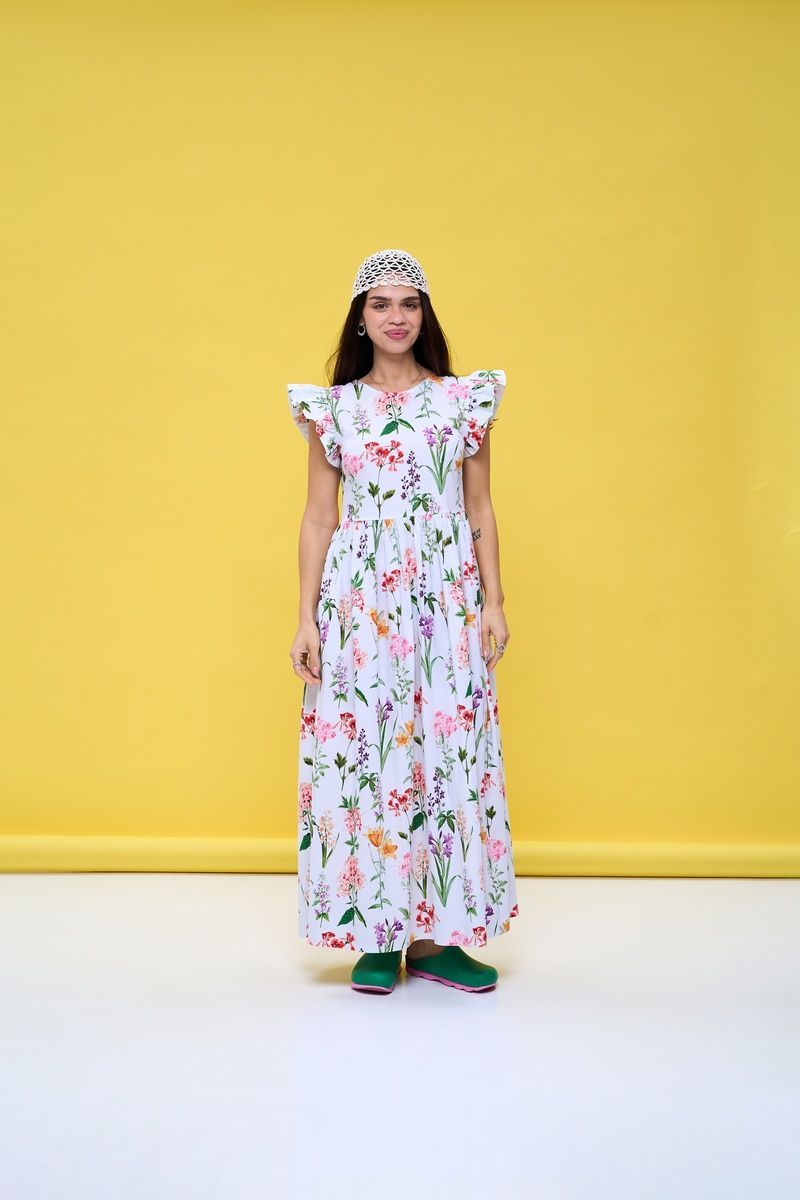 Cotton maxi sundress in white with "Wildflowers" print
