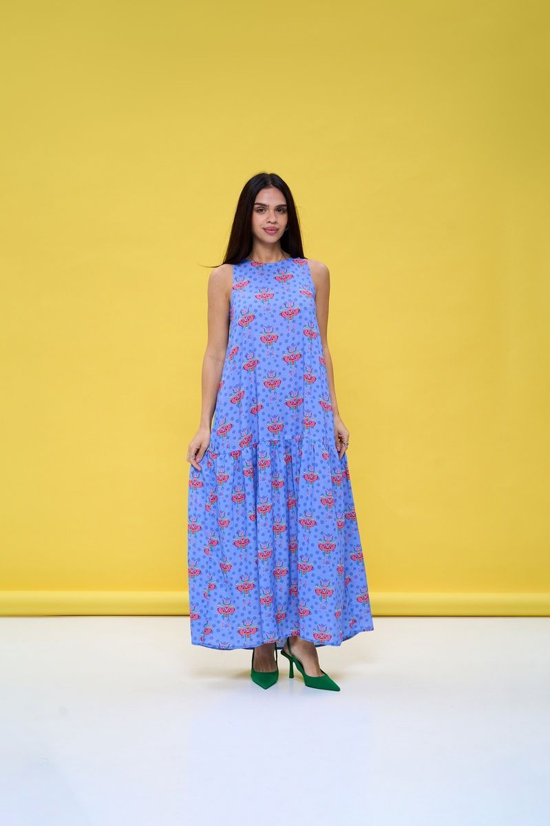 Viscose maxi sundress in blue with "Butterflies" print
