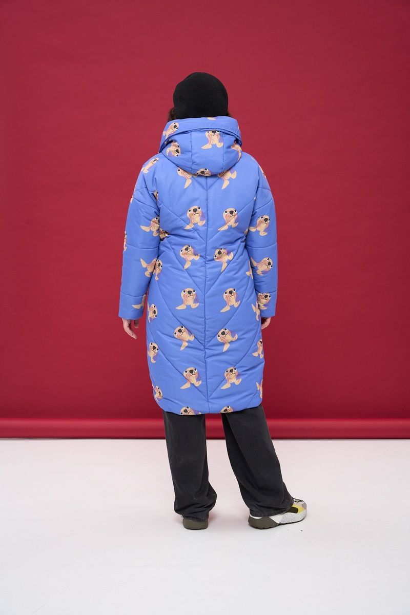 Women's blue winter down jacket with a 'Sea Lions' print