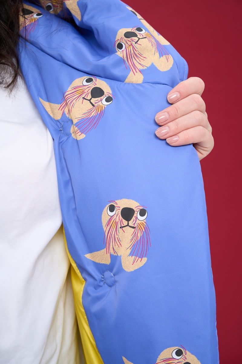 Women's blue winter down jacket with a 'Sea Lions' print