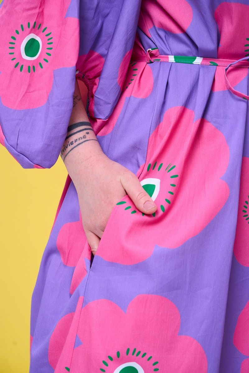 Бавовняна сукня міді фіолетова з принтом "Рожеві квіти" LVSSCy2609_3 фото