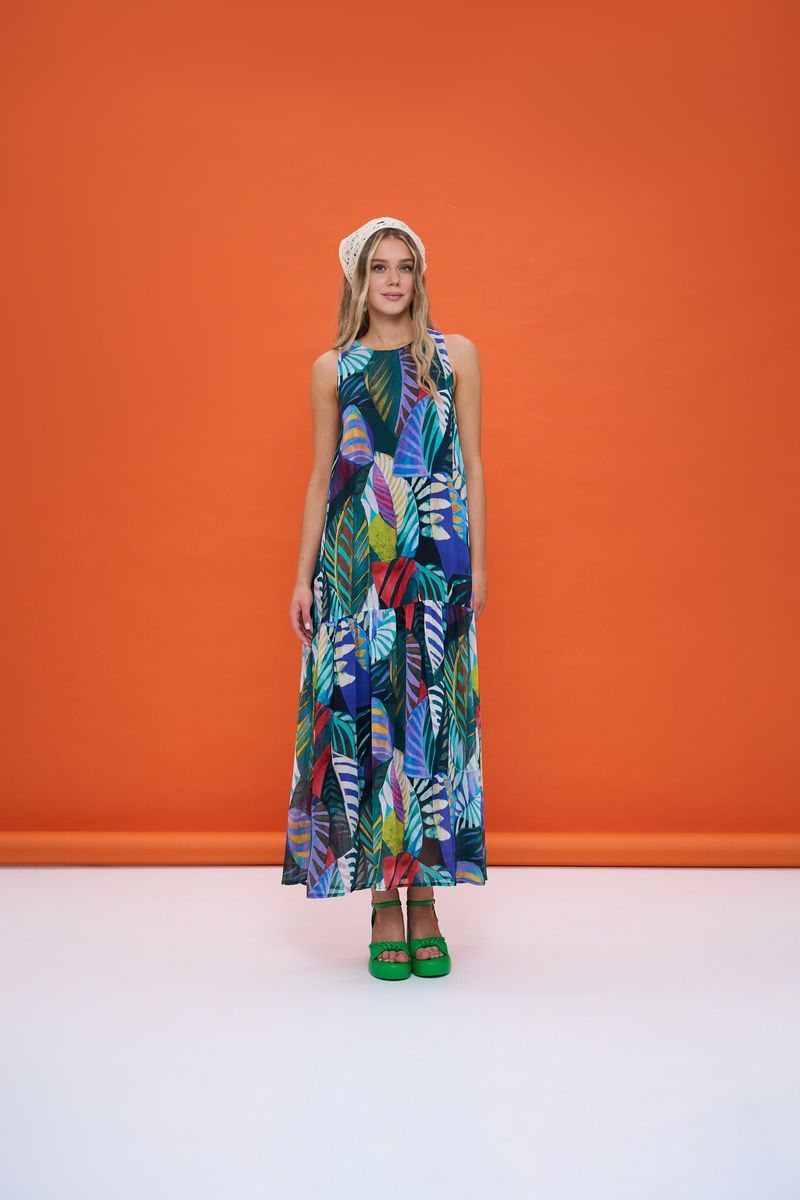 Women's viscose maxi sundress with cotton lining and a 'Fern Leaves' print