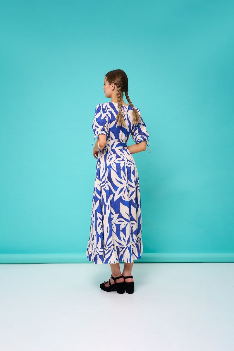 Women's blue cotton maxi dress with a 'Milky Flowers' print