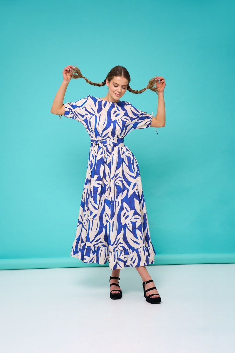 Women's blue cotton maxi dress with a 'Milky Flowers' print