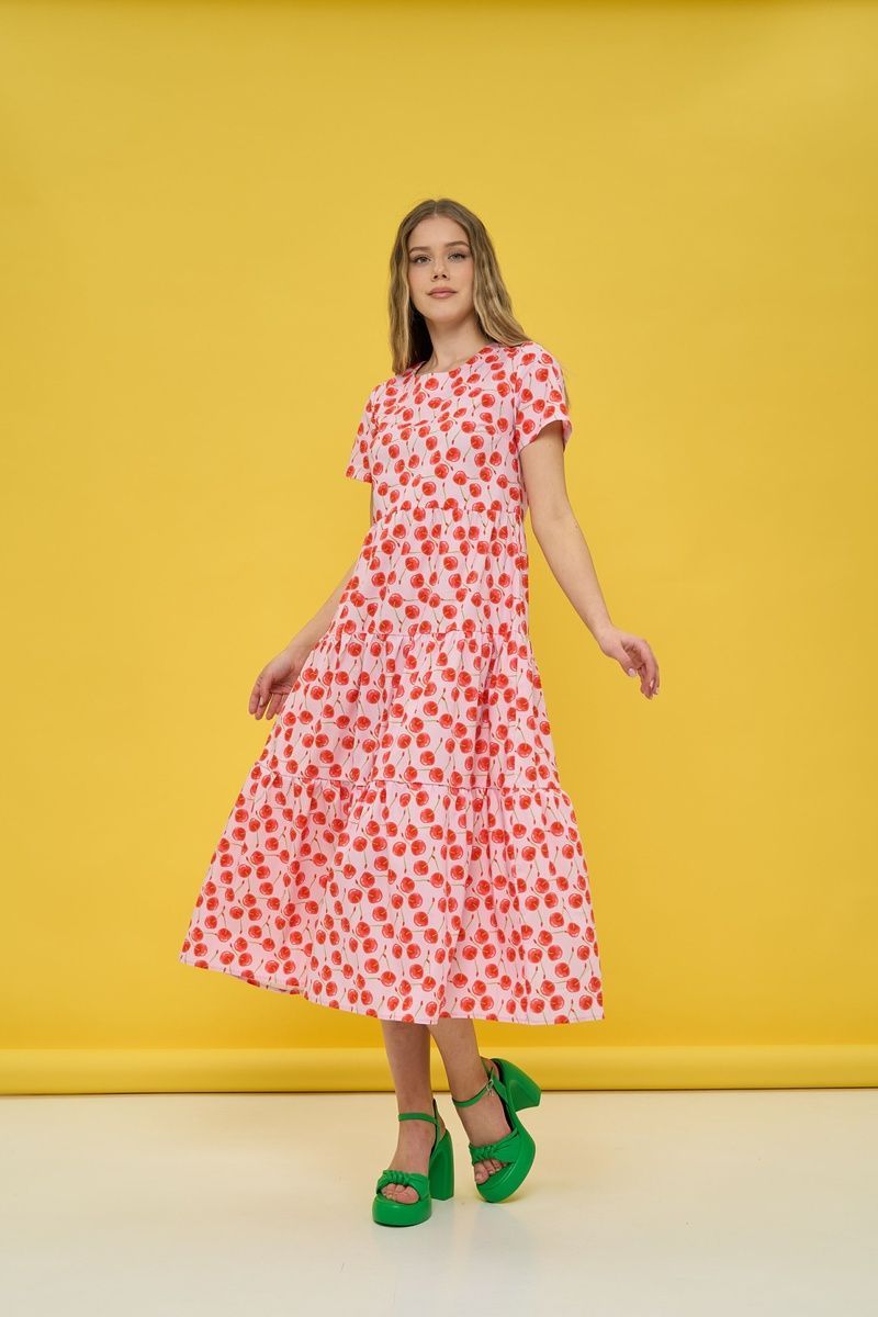 Women's pink cotton midi dress with a 'Cherries' print