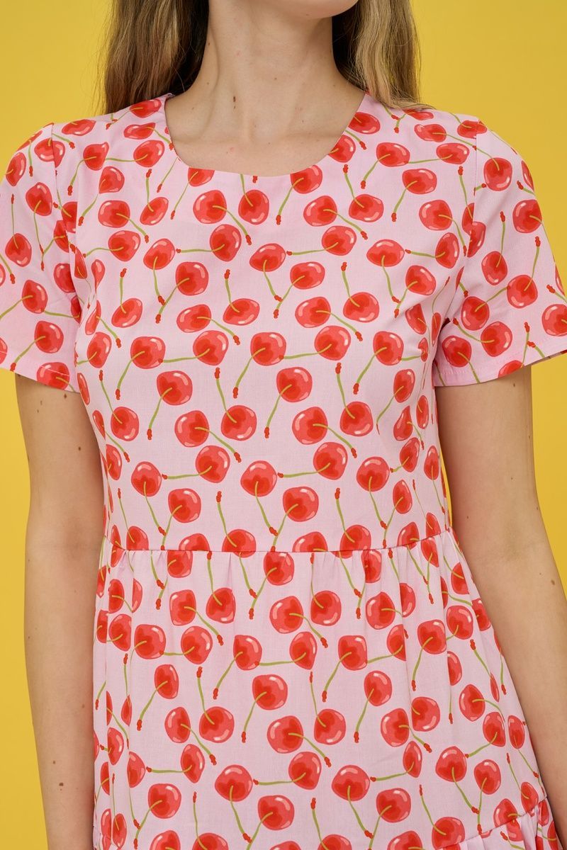 Women's pink cotton midi dress with a 'Cherries' print