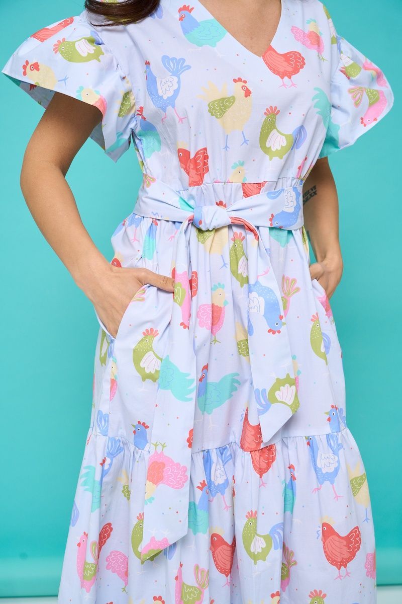 Women's light blue cotton midi dress with a 'Hens' print