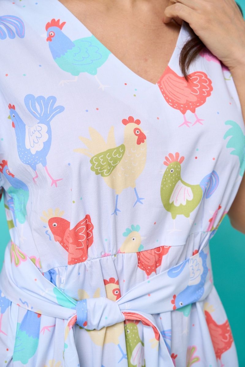 Women's light blue cotton midi dress with a 'Hens' print
