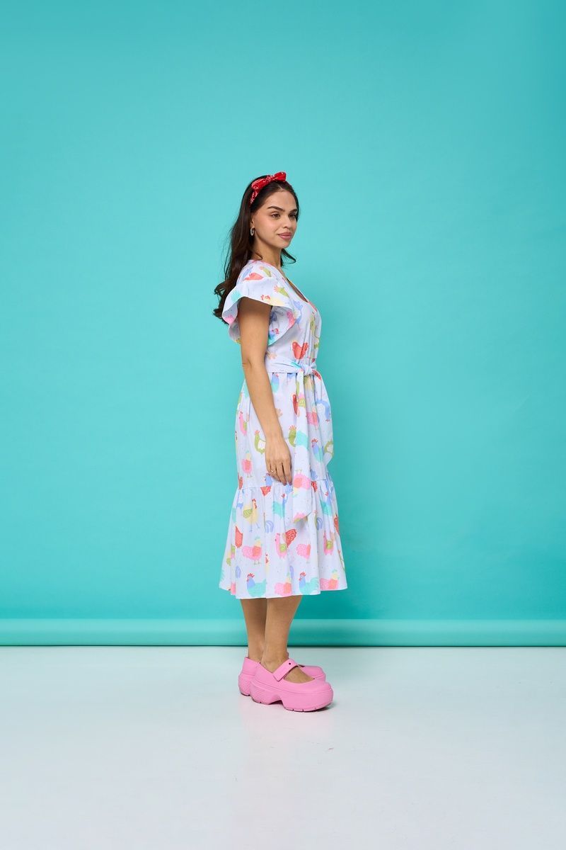 Women's light blue cotton midi dress with a 'Hens' print