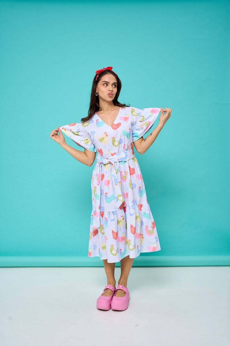 Women's light blue cotton midi dress with a 'Hens' print