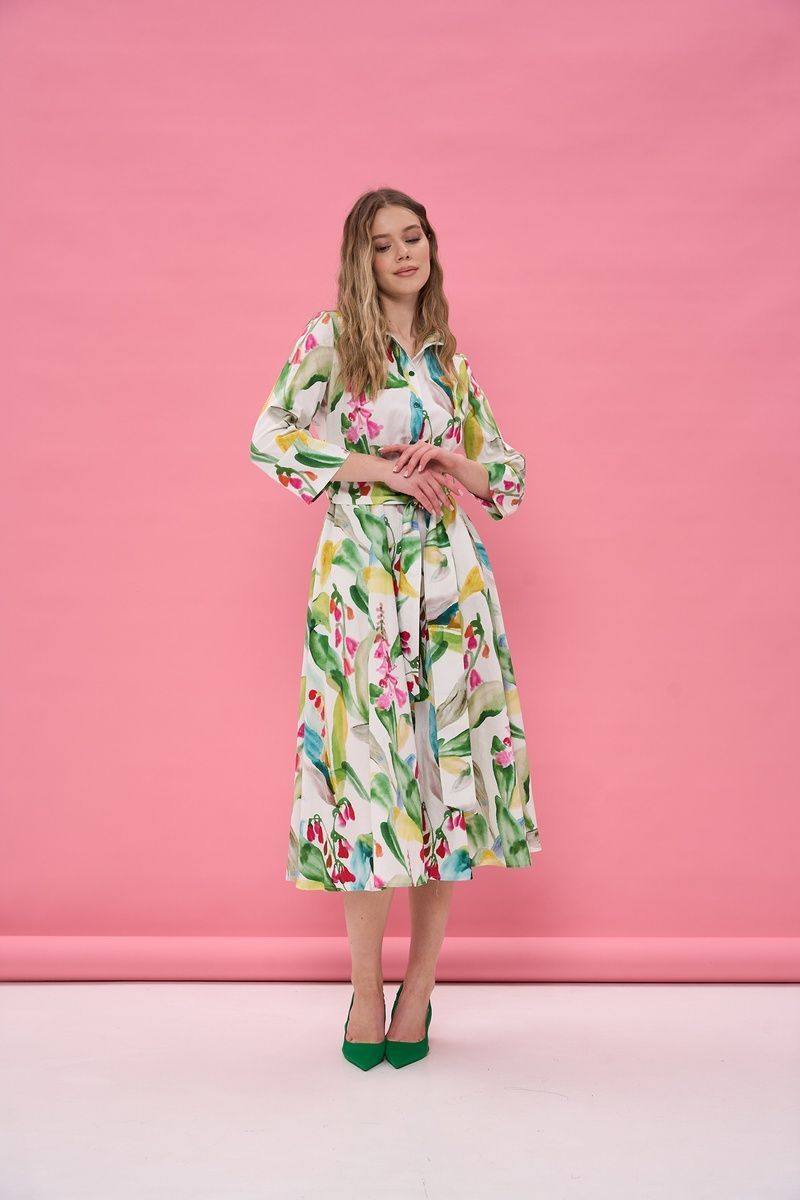 Women's white cotton midi dress with a 'Tropical Flowers' print