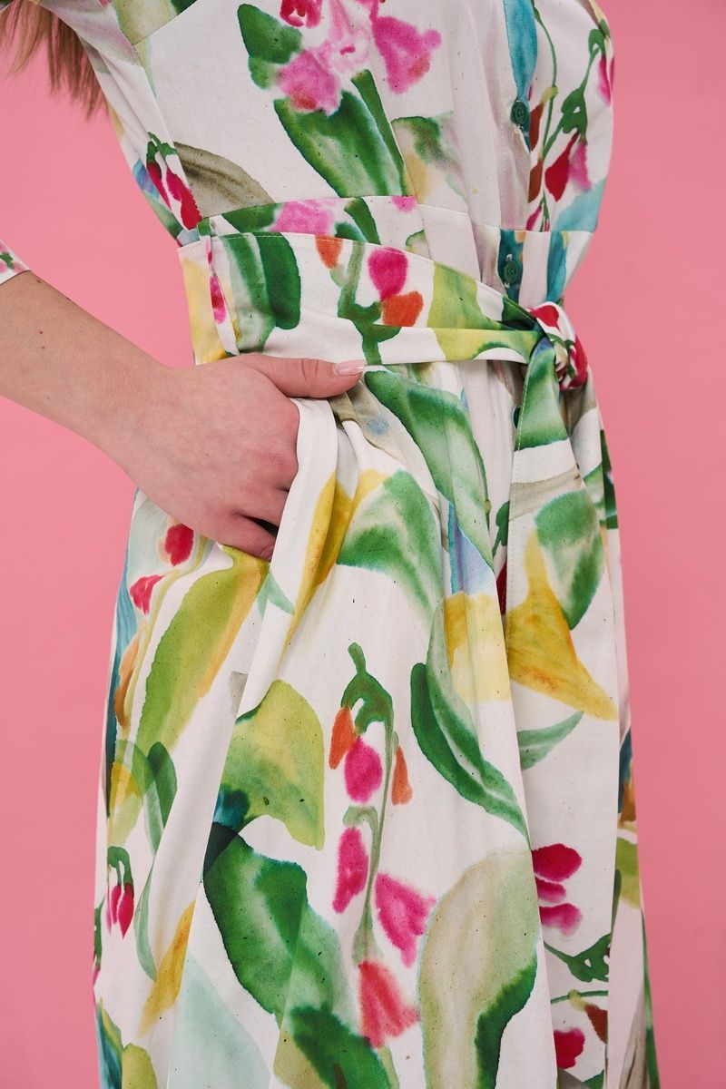 Women's white cotton midi dress with a 'Tropical Flowers' print