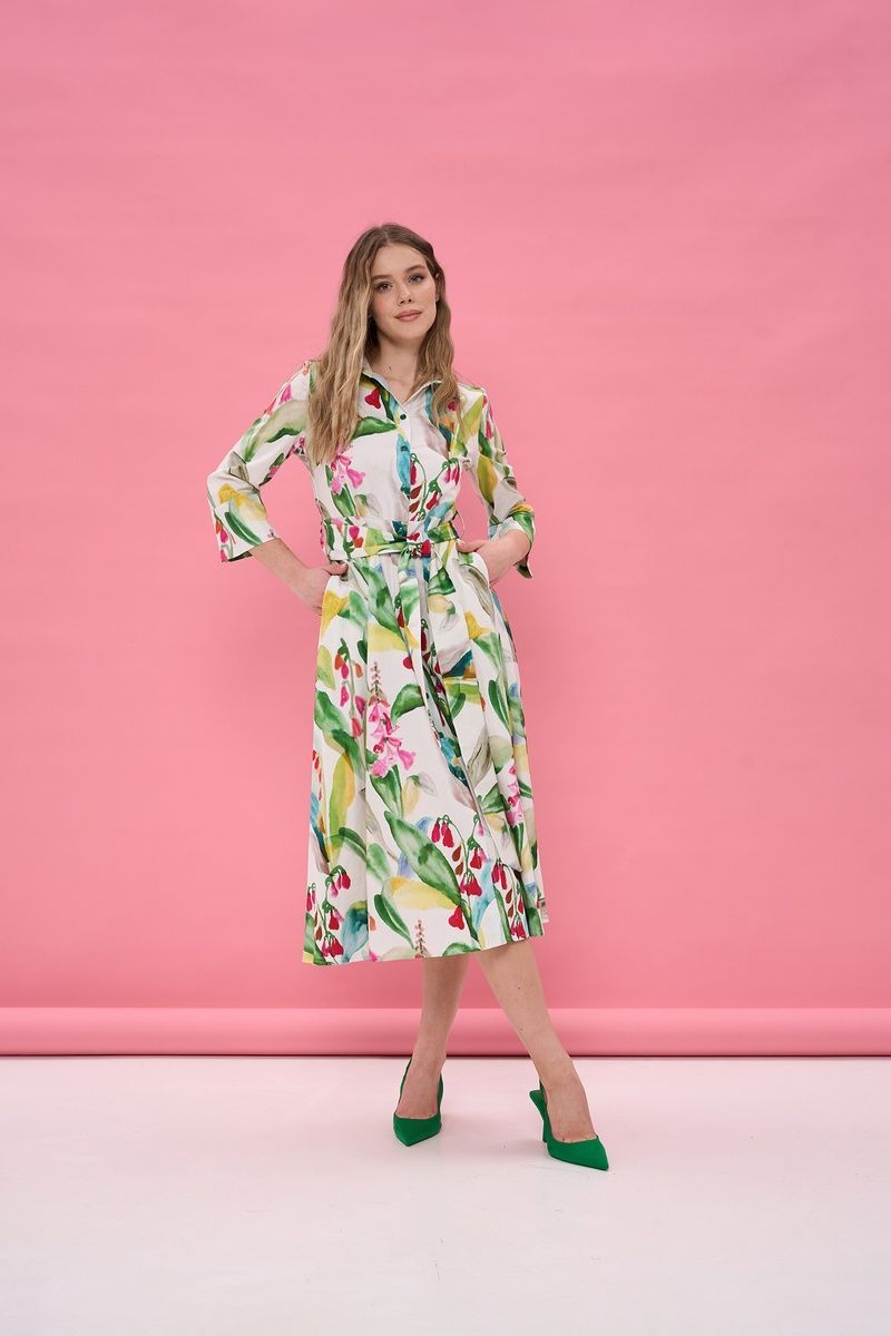 Women's white cotton midi dress with a 'Tropical Flowers' print