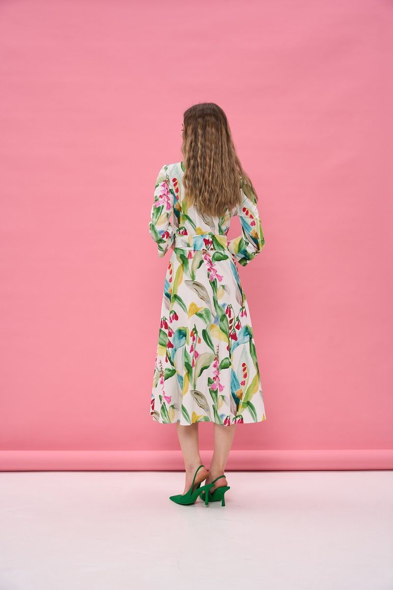 Women's white cotton midi dress with a 'Tropical Flowers' print