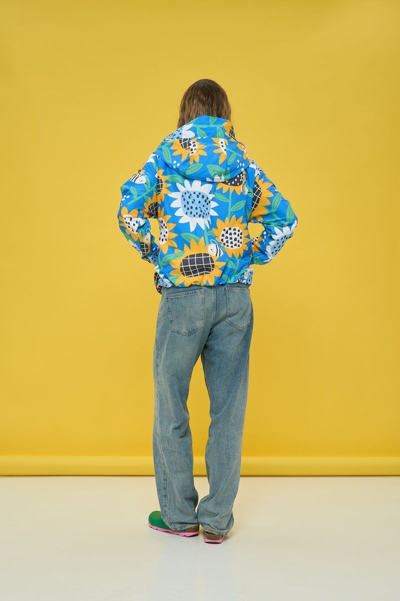 Women's oversized blue windbreaker with a 'Sunflowers' print