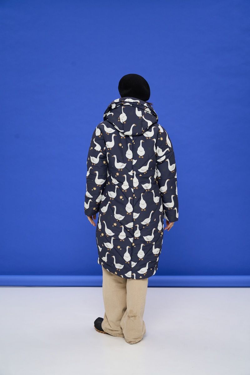 Women's dark blue winter down jacket with a 'Geese' print