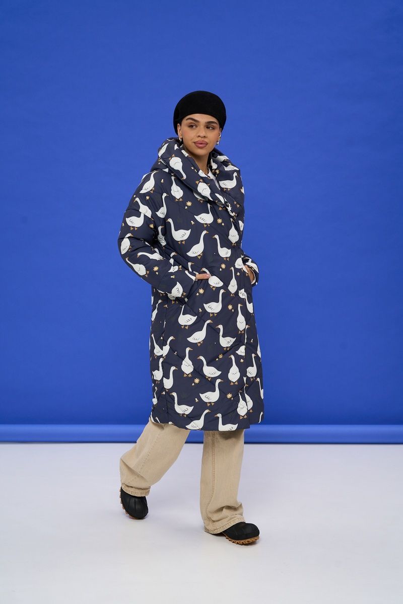 Women's dark blue winter down jacket with a 'Geese' print