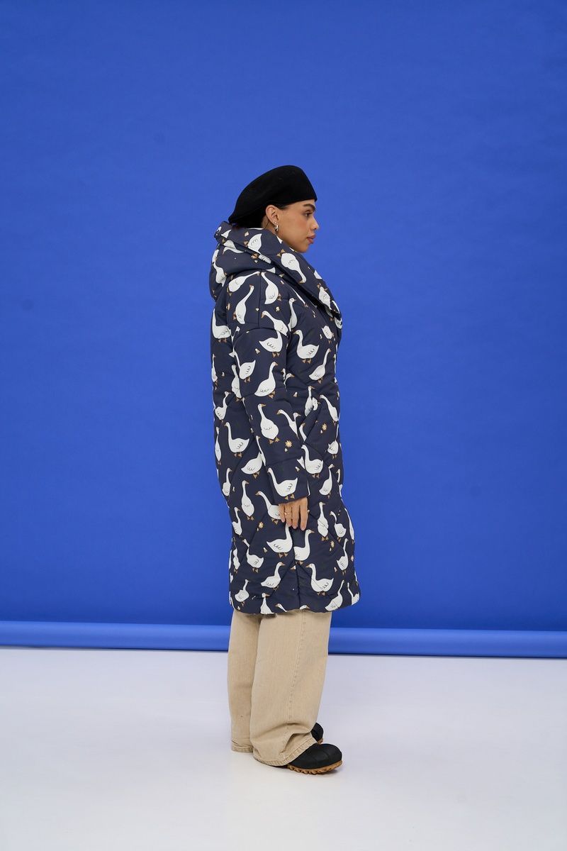 Women's dark blue winter down jacket with a 'Geese' print