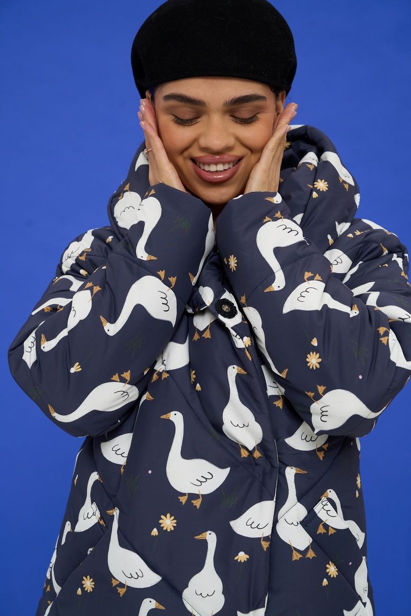 Women's dark blue winter down jacket with a 'Geese' print