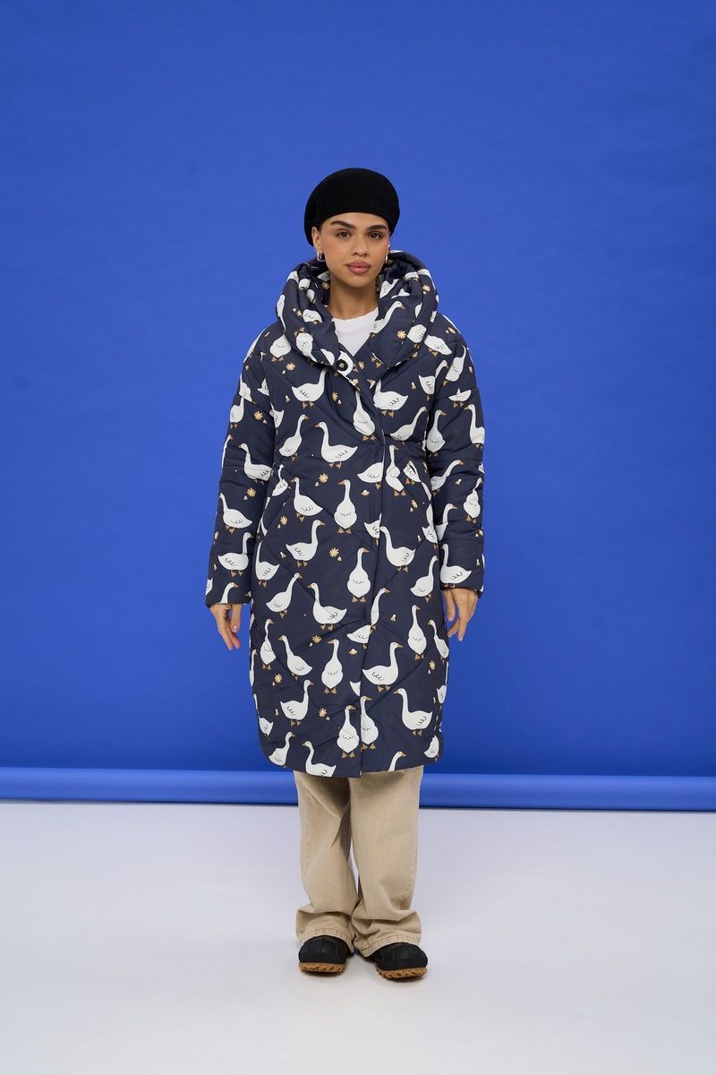 Women's dark blue winter down jacket with a 'Geese' print