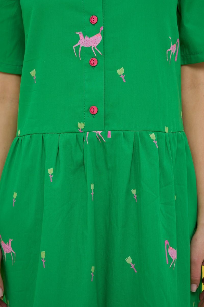 Women's green cotton midi dress with a 'Lilac Horses' print