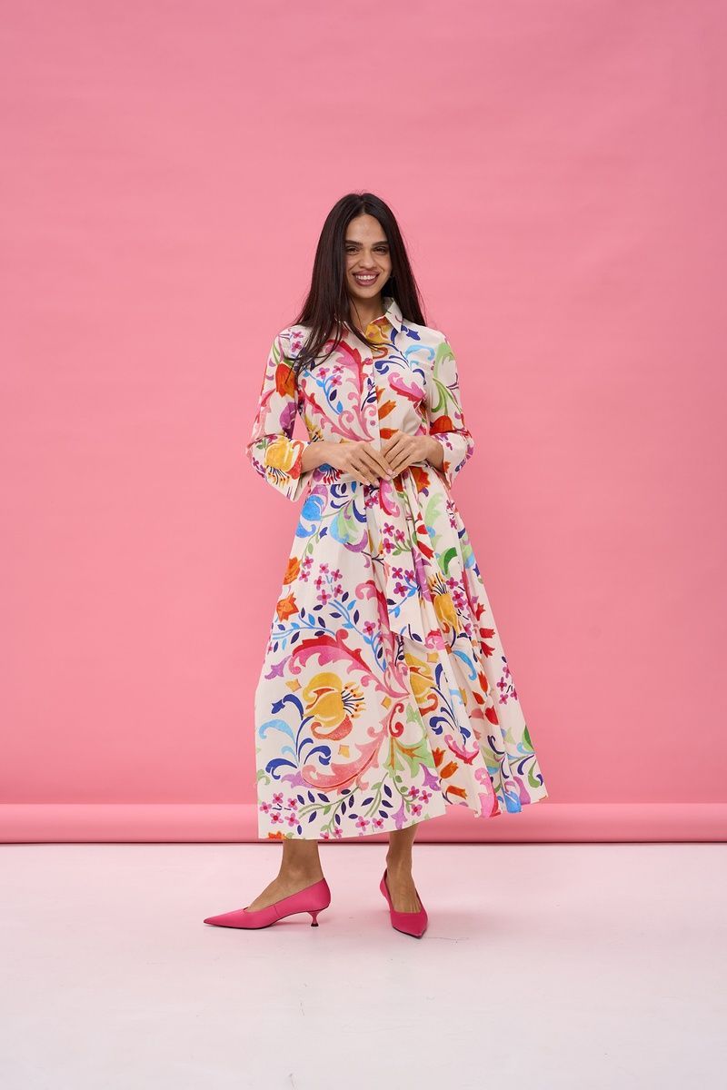 Women's white cotton midi dress with a 'Tulip' print