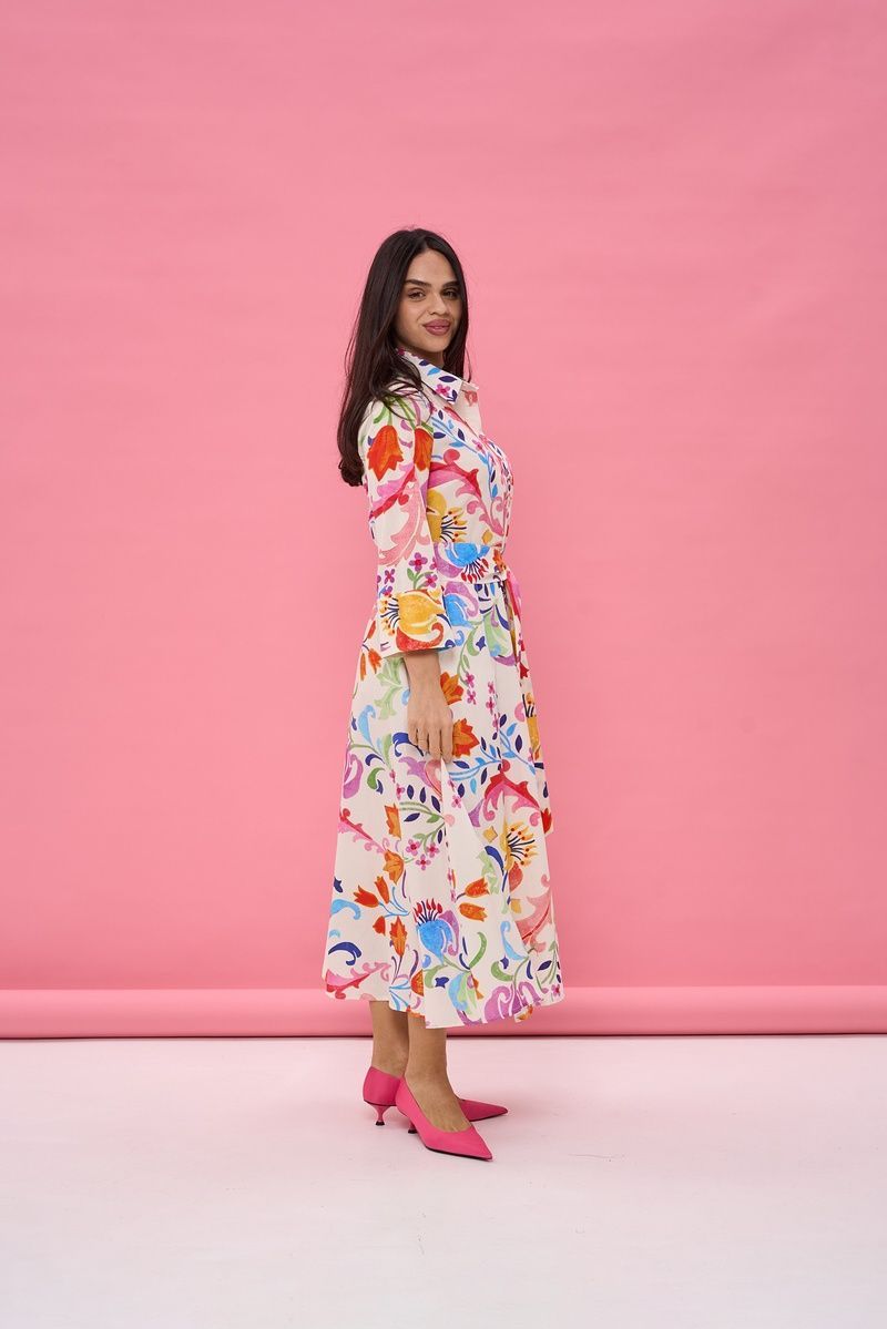 Women's white cotton midi dress with a 'Tulip' print
