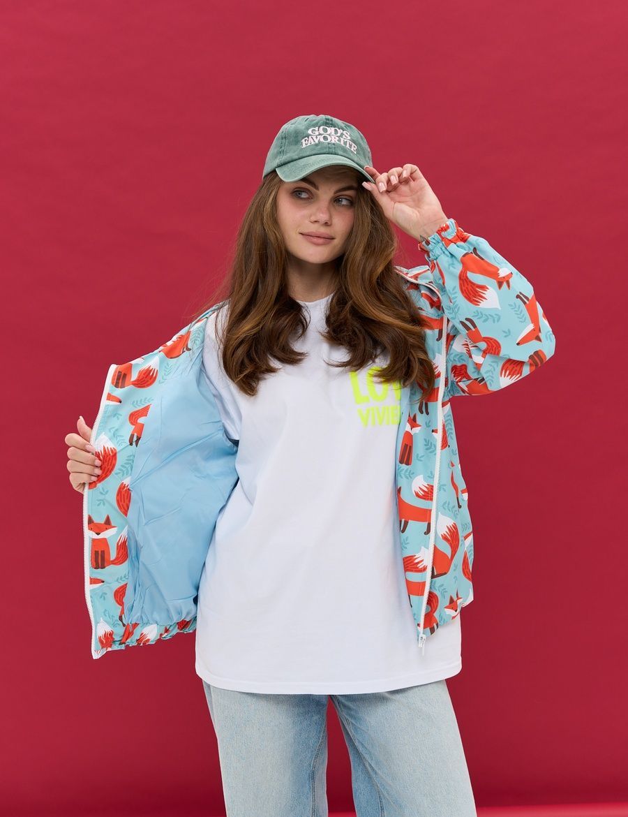 Women's Windbreaker Light Blue with Fox Print