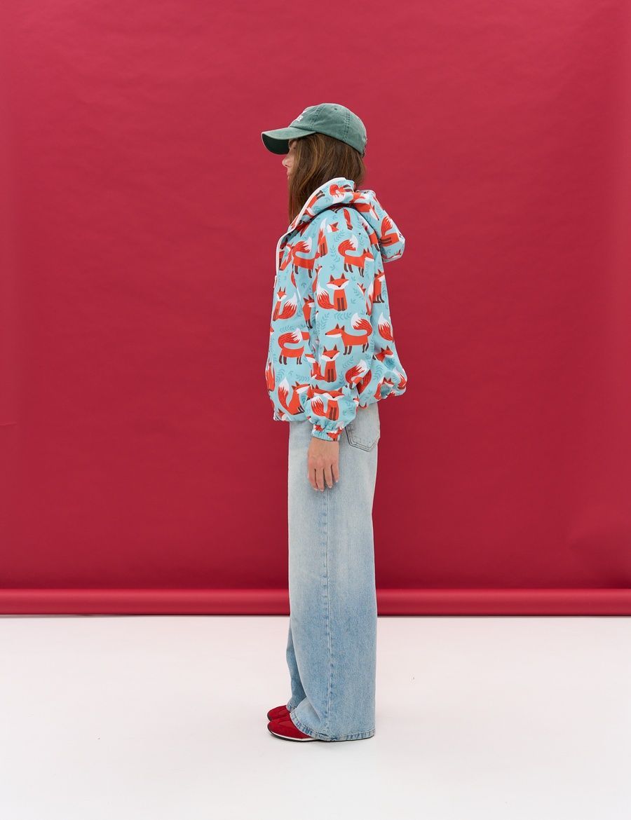 Women's Windbreaker Light Blue with Fox Print
