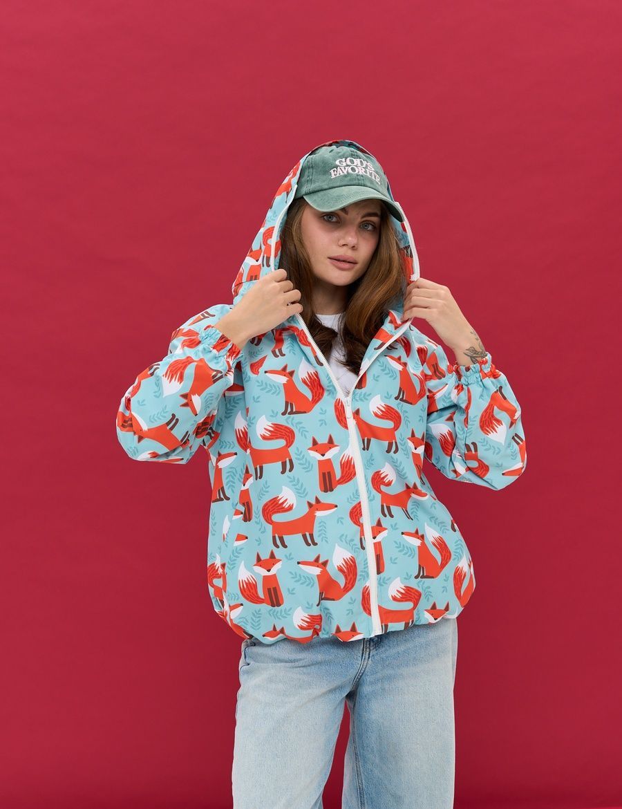 Women's Windbreaker Light Blue with Fox Print