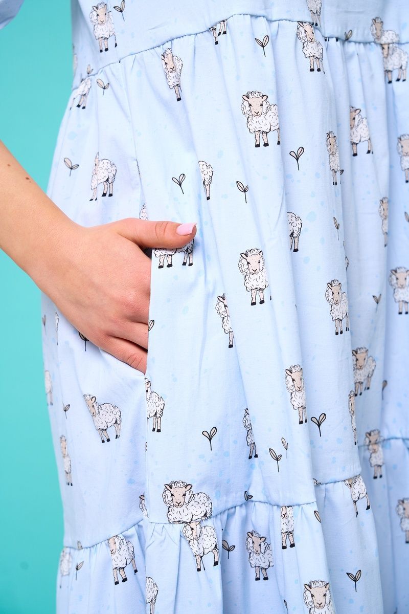 Women's light blue cotton midi dress with a 'Sheep' print