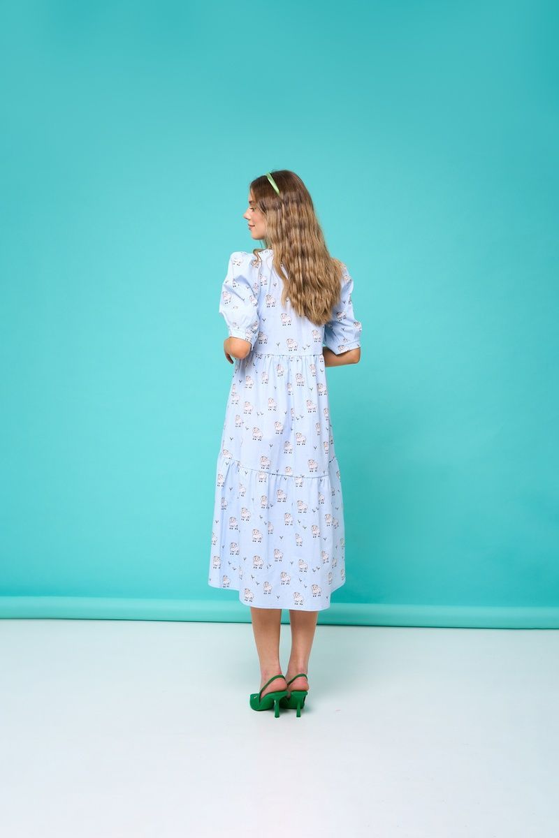 Women's light blue cotton midi dress with a 'Sheep' print