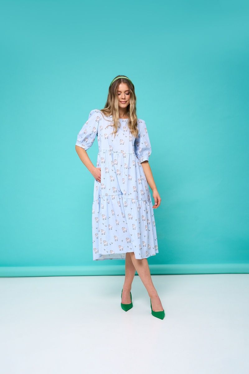 Women's light blue cotton midi dress with a 'Sheep' print