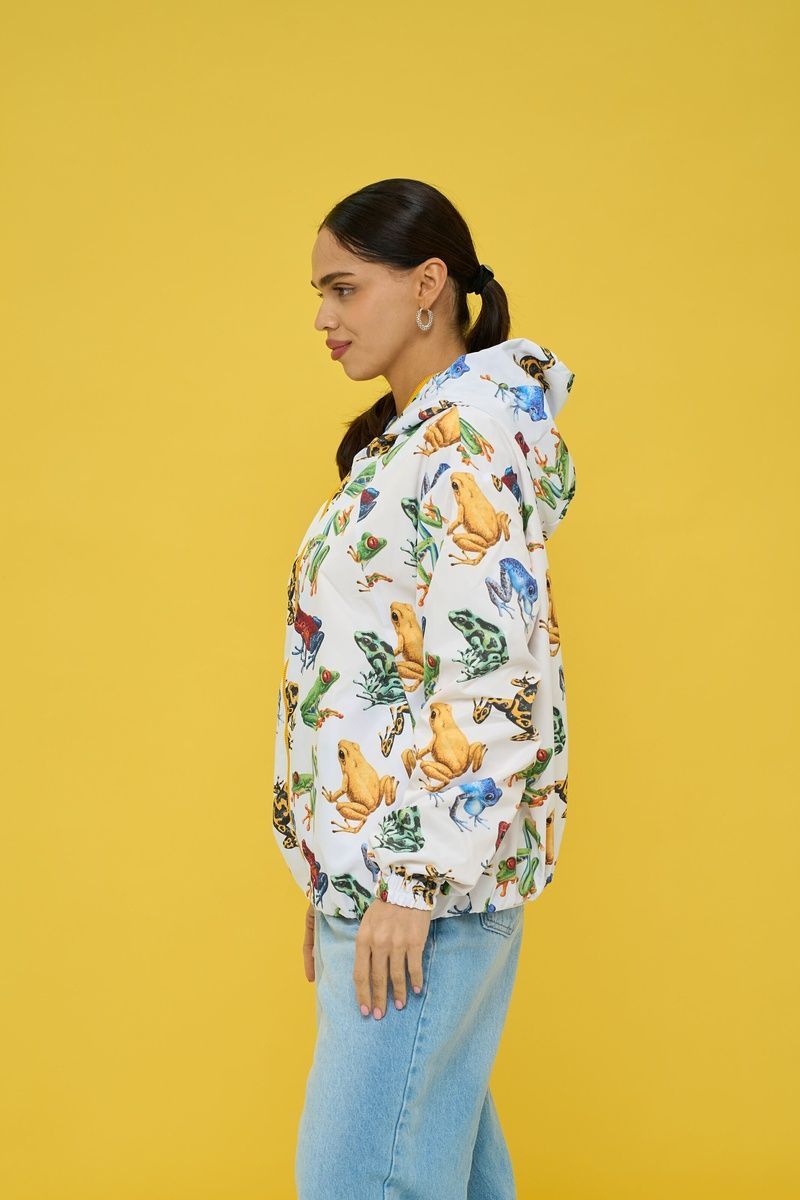 Women's oversized white windbreaker with a 'Frogs' print