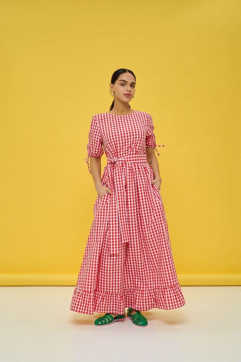 Women's red cotton maxi dress in check